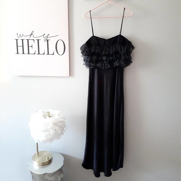 NWT Zara black satin-like maxi slip-like long dress w/ sheer ruffled accents, M - Picture 8 of 10
